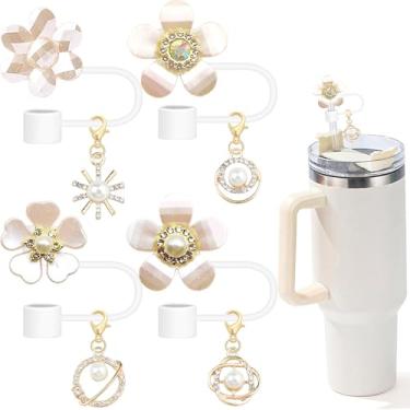 Imagem de Stanley Capas de palha com pingentes, 8 peças de tampa de palha com glitter para copo Stanley, topo de copo brilhante com enfeite de clip-on, acessório de garrafa de água esportiva bonito e funcional