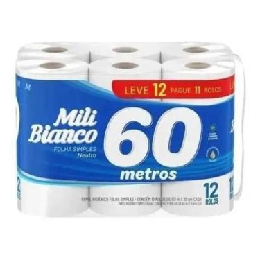 Imagem de Papel Higiênico Mili Bianco Folha Simples 60m Pct Com 12 Rolos