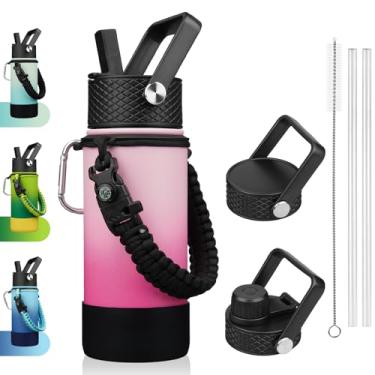 Imagem de BJPKPK Garrafa de água com tampa de palha, garrafas de água isoladas de 510 g com 3 tampas, alça de paracord e bota antiderrapante, garrafa de água de aço inoxidável de metal, garrafa térmica à prova