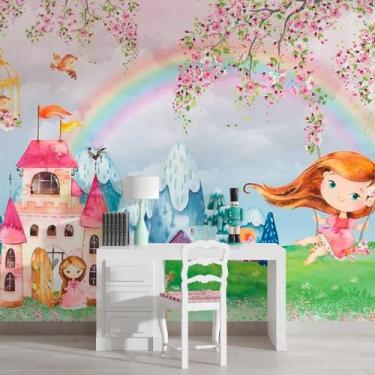 Imagem de Papel de Parede jardim encantando com castelo e menina no balanço com 