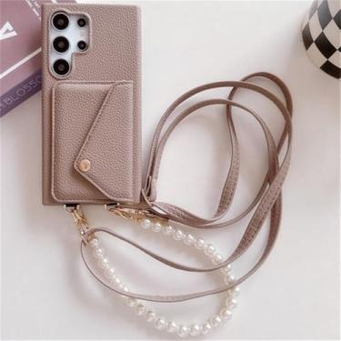 Imagem de Bolsa de couro para cartão para Samsung S23 S24 Plus Ultra S23FE Zflip 4 5 A35 A55 capa à prova de choque pulseira de pérola cordão, cáqui, para A54 5G