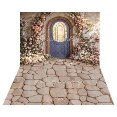 Imagem de Kate Pano de fundo floral, porta de arco com flores, cenários de primavera para fotografia, combo de piso de pedra, 2 peças de pano de fundo 3 x 2 m e 10 x 6,5 pés