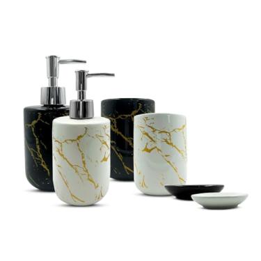 Imagem de Kit Lavabo em Cer�mica Marmorizada, 3 Pe�as, Porta Sabonete L�quido, Porta Escova e Saboneteira, Preto e Branco com Detalhes Dourados (PRETO)