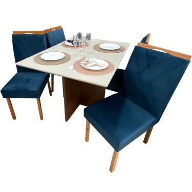 Imagem de Mesa de Jantar Helo 120x90cm em Linho com 4 Cadeiras California Poliman Cor Off White com Assento Azul