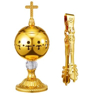 Imagem de Zonon Queimador de incenso católico com pinça, metal polido, carvão, latão, suporte para incensário, igreja, cristã, cones, cruz, 19 cm, ornamento de fragrância de aromaterapia (dourado)