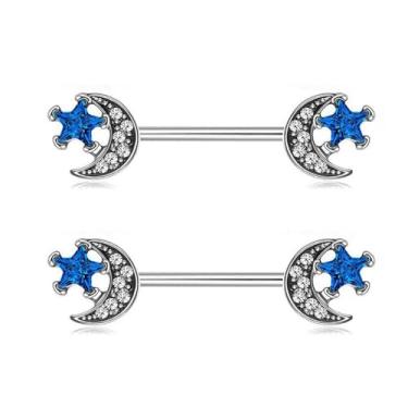 Imagem de Kokoma Anéis de mamilo de lua e estrela 14G para mulheres cristal azul zircônia cúbica barra barra barra reta anel protetor de mamilo anéis piercing corporal joias, 14g, Aço inoxidável, Sem Pedra