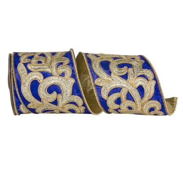 Imagem de Reliant Ribbon Fita bordada de luxo metálico Dupioni com borda com fio, azul royal