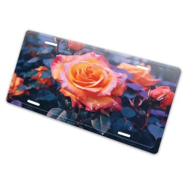 Imagem de Capa de placa de licença com imagem noturna de flor de botão de rosa laranja - etiqueta artística de alumínio para carro, à prova de ferrugem, design exclusivo novidade - 15 x 30 cm