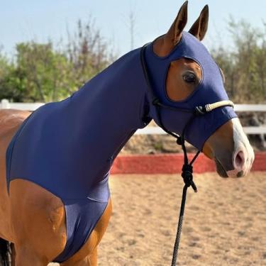 Imagem de Protetor de ombro de trança de crina com zíper e capuz de cavalo, 1 peça (azul marinho, pequeno)