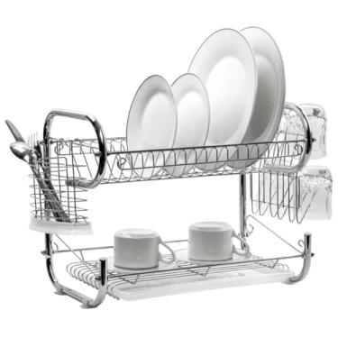 Imagem de Escorredor De Louça Com Bandeja Cromado 2 Andares 14 Pratos Porta Talheres Com Bandeja