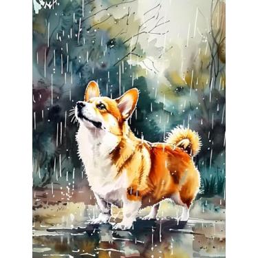 Imagem de QLTBPVJK DIY Corgi in the Rain Pintura de diamante Corgi por números para adultos kits de arte de diamante redondo completo para decoração de quarto decoração de sala de estar 30 x 40 cm