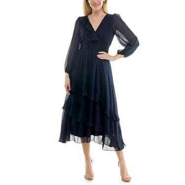 Imagem de Maison Tara Vestido midi feminino manga longa gola V babados bainha assimétrica, Azul marino, 38