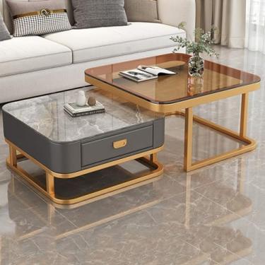 Imagem de AKALNNB Conjunto de 2 mesas de centro, com armazenamento de gaveta, design encaixável, apenas 0,4 m2 de espaço, para sala de estar, escritório, sem necessidade de montagem