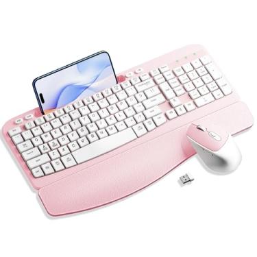 Imagem de Combo de teclado e mouse sem fio, teclado ergonômico Wave Keys com descanso almofadado, suporte de telefone, conjunto de mouse sem fio silencioso de 6 botões de 2,4 GHz para laptop, PC, Windows, Mac