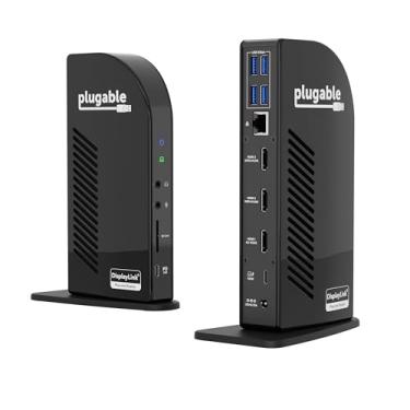 Imagem de Plugable Estação de ancoragem para monitor triplo USB-C: base para laptop 13 em 1 com carregamento de 100 W para Mac (driver DisplayLink necessário), Windows, Chrome, 3 HDMI, Gigabit Ethernet, SD