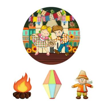 Imagem de Painel De Festa Redondo 50cm com Suporte MDF + 03 Totens Display MDF 25cm Festa Junina (PD050-FJN0002)