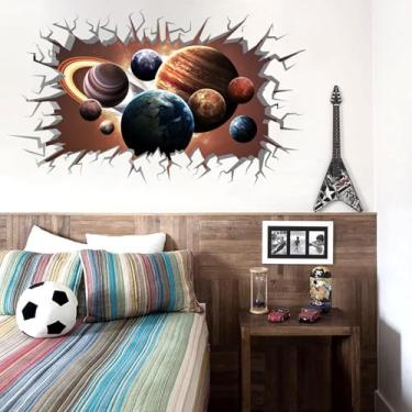 Imagem de MEFOSS Decalque de parede planeta cósmico 3D sistema solar quebrado adesivo de parede rachado espaço sideral removível vinil adesivo arte sala de estar crianças quarto sala de aula decoração