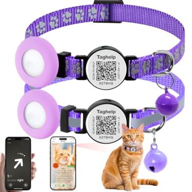 Imagem de Pacote com 2 coleiras AirTag, Airtag Breakaway Cat com etiqueta Smart ID e QR Code reflexiva, coleira leve para Apple Air, suporte oculto para rastreador GPS ou gatos meninos e meninas, gatinhos (roxo