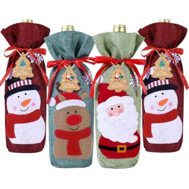 Imagem de Heeshin 4 Peças De Sacos Estopa Para Garrafas Vinho Natal Com Cordão, Capas Reutilizáveis Cordão Papai Noel, Boneco Neve E Rena Decoração Mesa Festa Ano Novo