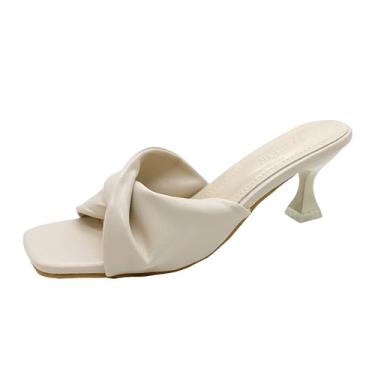 Imagem de BOTRENT Sandálias Femininas De Couro Com Tira Cruzada, Salto Gatinho, Sem Cadarço, Fashion, Quadradas, Bico Aberto, Baixo, Mule Para Festa, Uso Diário, Ao Ar Livre, Encontros Noturnos (Branca, 8)