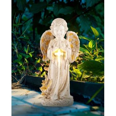 Imagem de Estatueta de anjo de 30 cm para jardim, escultura solar de jardim de anjo solar com resina arte de anjo rezando decoração de jardim para pátio, gramado, pátio, varanda, presente de inauguração de casa
