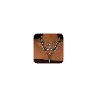 Imagem de LANWLOSI Colares ocidentais em camadas para mulheres, boêmio, turquesa ocidental, contas, gargantilha com pingente de cabeça de boi, vaqueira, country, joias de concerto, acessórios de caubói