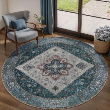 Imagem de Ciicool Boho Tapete redondo de 1,5 x 1,5 m lavável para quarto tapete de entrada oriental antiderrapante tapete circular interno de pelo baixo para sala de jantar