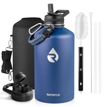 Imagem de Garrafa térmica para água RAYMYLO, aço inoxidável com parede tripla isolada a vácuo (fria por 48 h), jarra grande à prova de vazamento, sem BPA, alça de paracord, tampas de bico e canudo, 3,8 L