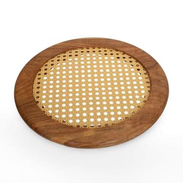 Imagem de Bandeja rústica de madeira de acácia de 30 cm com base tecida de vime – tábua de charcutaria, prato de carne de queijo e frutas, prato de aperitivo, servidor de madeira decorativo para festas, cozinha