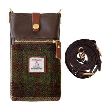 Imagem de TAILORMAP Bolsa tiracolo feminina Harris Tweed feita à mão para celular pequena com tecido de lã de couro de microfibra, Nº 3822, 7.5 inches by 4.3 inches by 1.2 inches, Tartã escocês