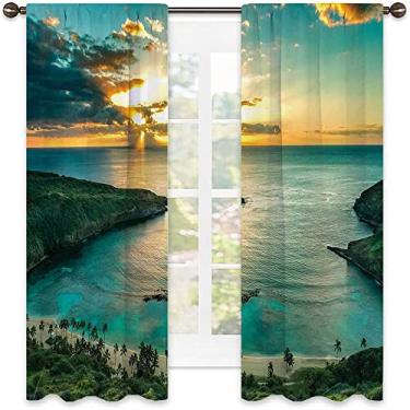 Imagem de Cortinas blackout havaianas 90%, raios solares do Havaí através da costa de nuvens escuras, cortinas blackout com absorção de som para decoração de sala de jantar/festa, L 132 x C 182 cm