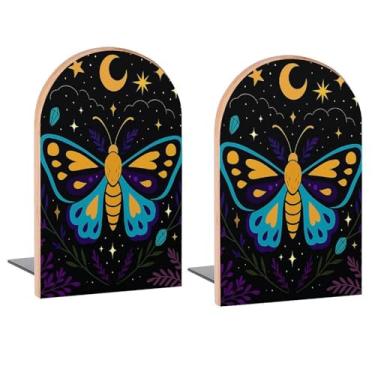Imagem de Symmetry Butterfly Book Ends Decorative Wood Bookends for Shelves Kids Room Desk Home Office Rolhas de livros para revistas, livros, DVDs, 1 par/2 peças (12,7 x 7,9 cm)