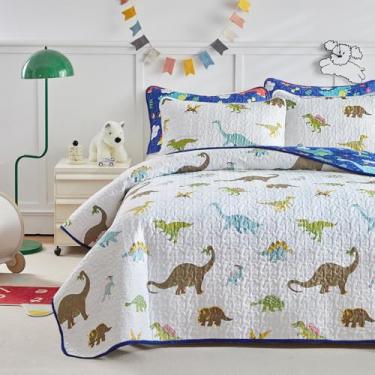 Imagem de Conjunto de colcha para meninos, tamanho casal, respirável, de microfibra, para adolescentes, acolchoada, para todas as estações, colorido, branco, azul marinho, dinossauro, estilo fofo