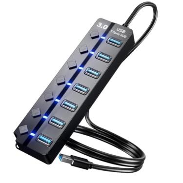 Imagem de Hub USB para laptop, divisor SNLLMZI de 7 portas USB 3.0 com interruptores e luzes individuais, cabo de 1,2 m de comprimento compatível com laptop, computador, Surface Pro, PS4/5, pen drive, HDD móvel