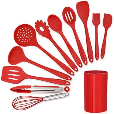 Imagem de LIANYU 12 peças de utensílios de cozinha de silicone vermelho com suporte, conjunto de utensílios de cozinha inclui espátula com fenda, espátula, espátula, espátula, espátula, espátula, espátula e