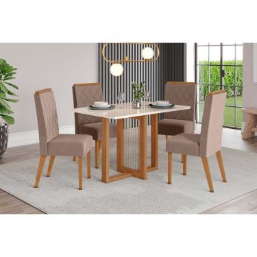 Imagem de Sala de Jantar Completa Natalí c/ Tampo Madeirado c/ Vidro Reto 120x80cm e 4 Cadeiras Nina Nature/Suede Light Marrom Amêndoa - Henn