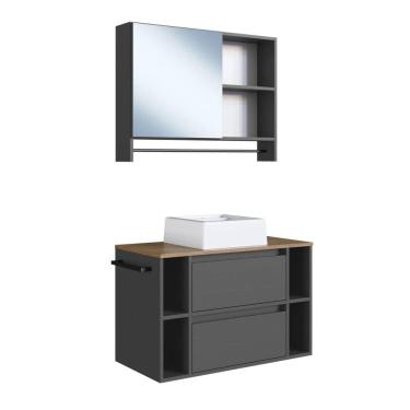 Imagem de Gabinete Suspenso 80cm Cuba Espelho e Toalheiro Mel Grafite Conjunto para Banheiro com Espelheira CJ8010.20MG