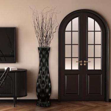 Imagem de POPGRAT Vaso alto preto de 76 cm, vaso de cerâmica grande feito à mão para decoração de casa, sala de estar, vasos decorativos com padrão de onda, vaso de canto com abertura de boca larga para grama