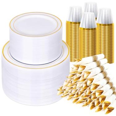 Imagem de Conjunto de louça de 700 peças para casamento e festa, 100 pratos de plástico, 100 talheres de plástico, 100 xícaras, 100 guardanapos de linho (prata) lkj