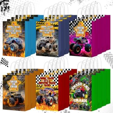 Imagem de Kolldenn 24 peças de sacolas de lembrancinhas de festa de caminhão monstros com tema de caminhão, sacolas de papel com alças para carro de corrida, bolsa de doces para decoração de aniversário de