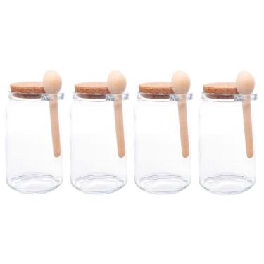 Imagem de Kit 4 Porta Temperos Redondo 650 ml Vidro com Colher de Bambu e Tampa Rolha Lyor