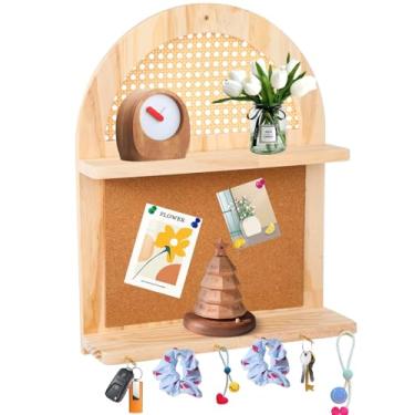 Imagem de Prateleira de parede de vime de madeira, rack de parede Boho com placa de pinos, prateleira de armazenamento rústica de 2 camadas com ganchos, prateleira flutuante de arco decorativo, prateleira de