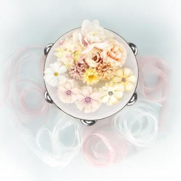 Imagem de YCXYQ Rosa Branco - Pandeiros de 17 cm Flor de Seda Tambores de Mão Percussão Instrumento Musical Dança Profissional Tambor Portátil Adereços de Dança Profissional Adequado para Dançarinos