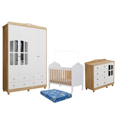 Imagem de Dormitório Infantil Elô Janelas Guarda Roupa, Cômoda e Berço com Colchão Baby Physical - Móveis Peroba