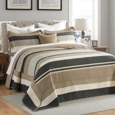 Imagem de DDUOXIN Colchas Super King de 3 peças 304,8 x 304,8 cm - Colcha King extragrande 100% algodão com 2 fronhas, conjunto de colcha listrada leve para fazenda, carvão/marrom/bege/cinza fantasma