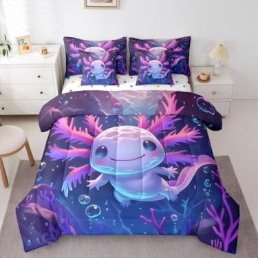 Imagem de Erosebridal Conjunto de edredom solteiro de desenho animado de axolotl, 7 peças, linda salamandra marinha em uma bolsa com lençol com lençol para crianças, adolescentes, adultos, coral, roxo, azul