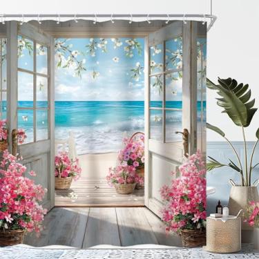 Imagem de Riyidecor Cortina de chuveiro de praia 182 cm L x 182 cm A azul oceano praia porta de celeiro flores rústicas natureza natureza bonita vista para decoração de banheiro tecido poliéster impermeável