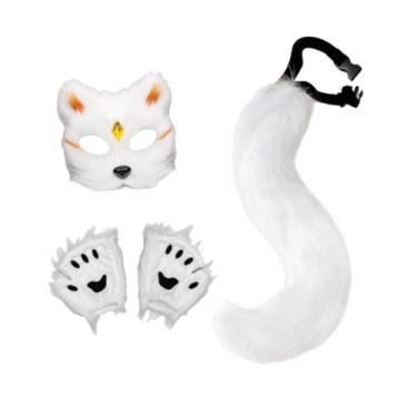 Imagem de oshhni Conjunto de máscara e cauda de animal, linda máscara de gato para performance no palco, aniversário, feriado, Chip Branco Amarelo
