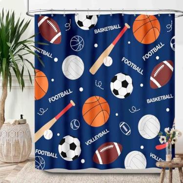 Imagem de Lnepty Cortina de chuveiro esportiva para banheiro, crianças, bebês, meninas, basquete, futebol, beisebol, bola esportiva, azul marinho, impermeável, conjunto de cortina de chuveiro com ganchos, 182 x