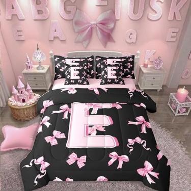 Imagem de Conjunto de cama casal de 7 peças com laço rosa e preto para meninas adolescentes com letra E em uma bolsa com laço de coquete, conjunto de edredom fofo com lençóis, moderno, moderno, com laço